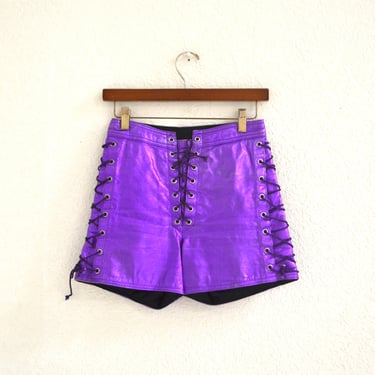 80s 90s Vintage Metallic Purple Leather Shorts Hot Pants Leather Lace Up Short Shorts XS Small Metallic Leather shorts LA ROXX 