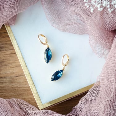 blue sapphire crystal earrings, Swarovski earrings, Regency Art Deco marquise huggie hoop drop earrings, gift for her, September birthstone 