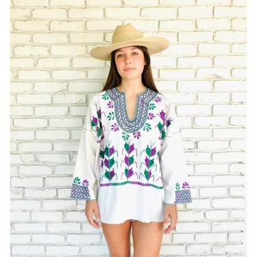Hand Embroidered Mexican Blouse // vintage off white cotton boho hippie Mexican hand embroidered dress hippy tunic // O/S 
