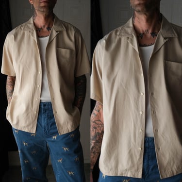 Vintage 90s POLO Ralph Lauren Light Tan Caldwell Silk Blend Loop Collar Shirt | Size Large | 1990s Does 1950s POLO RL Camp Collar Shirt 