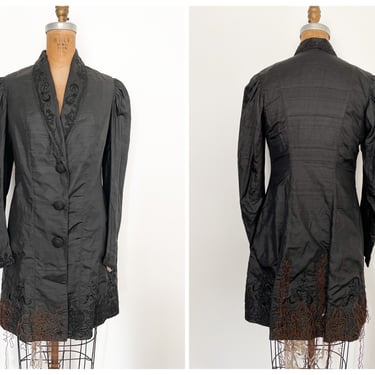 Antique Victorian black silk walking jacket with split tail hem, AS IS shattered lining, embroidered, puffed shoulders, XS 