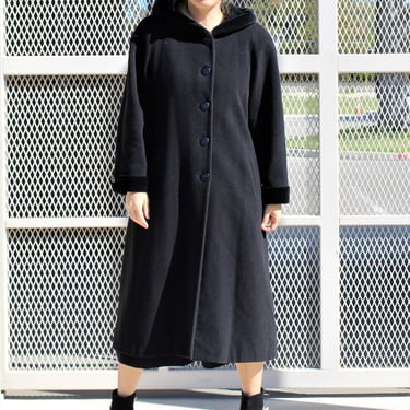 Hoodie Coat, Vintage 1990s Forecaster Black Coat, Wool Blend, M Women, Winter Coat, Black Velvet Trim 