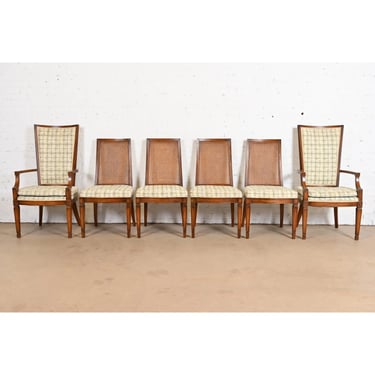 Henredon Style French Regency Louis XVI Carved Walnut and Cane Back Dining Chairs, Set of Six