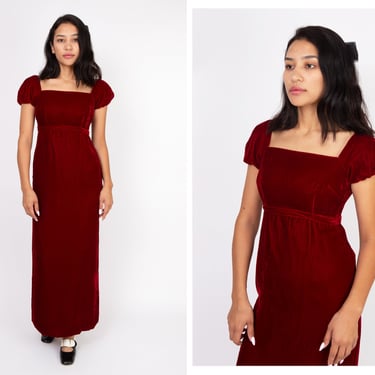 Vintage 1970s 70s does Regency Era Bridgerton Ruby Red Crimson Velvet Full Length Column Gown w/ Empire Waist Puff Sleeves Square Neckline 