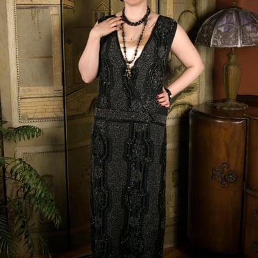 1920s Dress - Authentic Antique Early 20s Heavily Beaded Black Silk Flapper Cocktail Dress with Surplice Bodice and Wrapped Skirt 