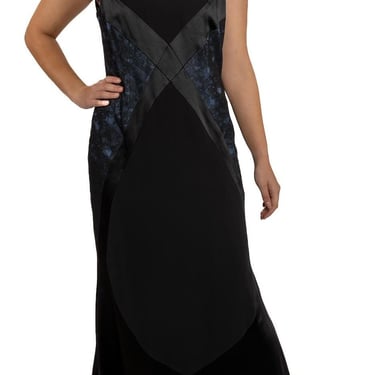 1990s Black Blue Silk Crepe Back Satin Art-Deco Seamed Gown With Lace Inset Panels XL 