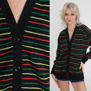 70s Striped Cardigan Black Button Up Knit Sweater V Neck Retro Seventies Knitwear Acrylic Red Yellow Green Slouchy Vintage 1970s Large L 