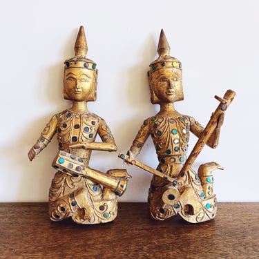 Vintage Thai Wooden Musician Wall Hanging Carved Figurines 