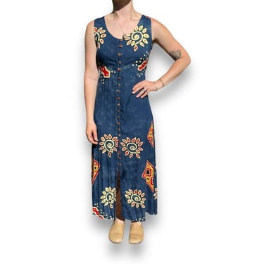 Vintage 90s Womens Navy Blue Geometric Floral Hawaiian Boho Maxi Dress Sz L 