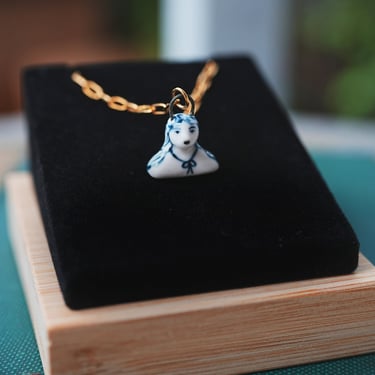Blue and White Ceramics, Mini Person Bust Charm Necklace, Person Pendant, Mother's Day, Hand Painted Ceramic Necklace, Hand Painted Charm 