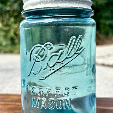 Antique Ball Perfect Mason Jar Blue Glass Pint Tin Lid 1913 - 1922 1920s Kitchen 