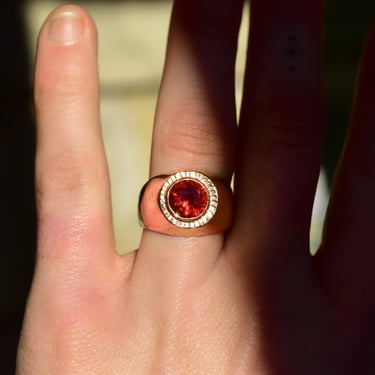 Men's Ruby Signet Ring In 14K Rose Gold, Round Milgrain Bezel Setting, Estate Jewelry, Size 9 US 