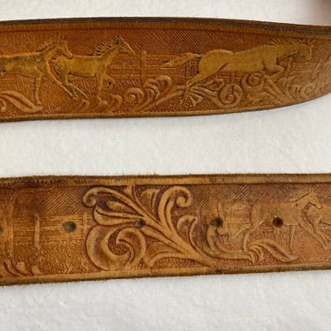 Western belt featuring running wild horses hand tooled leather cowboy true vintage ooak unique novelty as-seen condition 