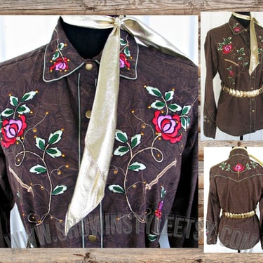 Cattlelac Ranch, Vintage Retro Western Women's Cowgirl Shirt, Rodeo Queen, Embroidered Flowers & Leaves, Tag Size XLarge (see meas. photo) 