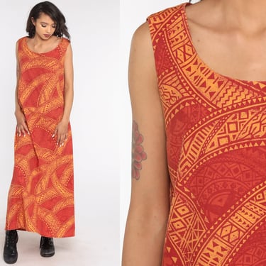 Boho Hippie Dress Orange Tribal Print Dress 90s Maxi Dress Sheath Grunge Bohemian Sleeveless 1990s Vintage Large 