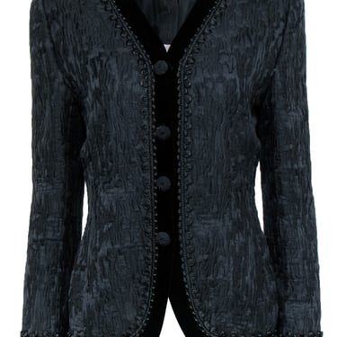 Oscar de la Renta - Black Jacquard Jacket w/ Fabric Buttons & Velvet Trim Sz 10
