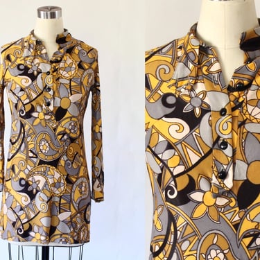 1960s Daisy Patterned Ribbed Knit Mini Dress - Vintage Long Sleeve Collared Shirt Dress - XS 