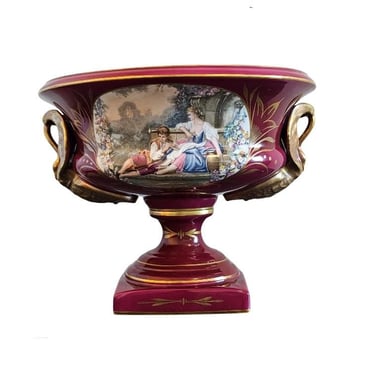 French Limoges Porcelain Burgundy Red Gilt Swan Handled Hand Painted Transferware Pedestal Centerpiece Vase Fruit Bowl Jardiniere 