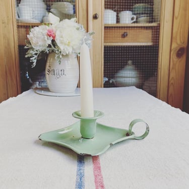 Beautiful vintage French enamelware candle holder in shade of green 