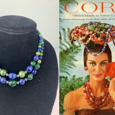 Waters of Tulum About My Neck - Vintage 1950s 1960s Bold Blue & Green/Olive Green Lucite Bead Necklace 