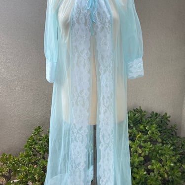 Vintage light blue chiffon robe puffy sleeves white lace accents tie at neck sz Medium 