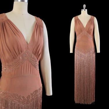 Rare 1920s Dress / Late 20s - 1930s Fringe Gown / Embroidered Evening Dress 