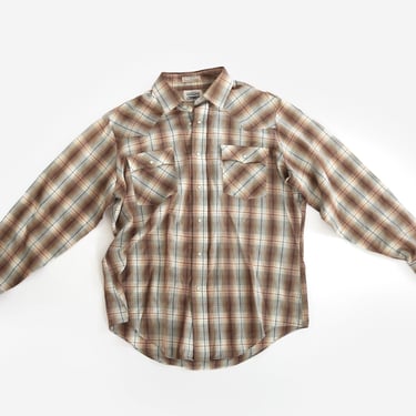 Vintage 70s LEVIS plaid teal brown western shirt | 1970s Levis pearlized western shirt 