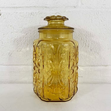 Vintage Glass Kitchen Canister L E Smith Amber Yellow Apothecary Jar Atterbury Scroll Storage Glassware Cookie Boho 1970s 
