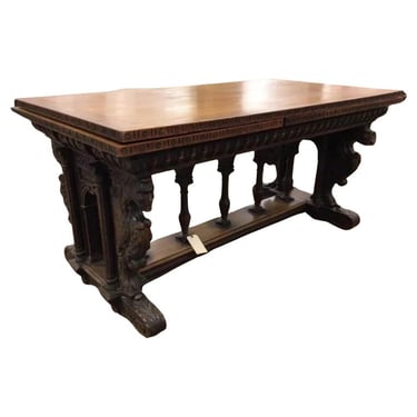 Antique Dining Table, Ren Sty., Carved Oak Extension, 120", L. 19th, E. 20th C