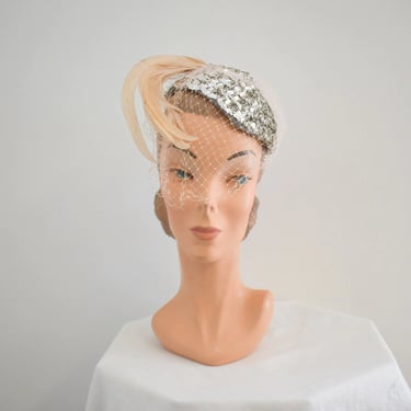 1940s/50s Silver Sequin Hat with Pink Feathers 