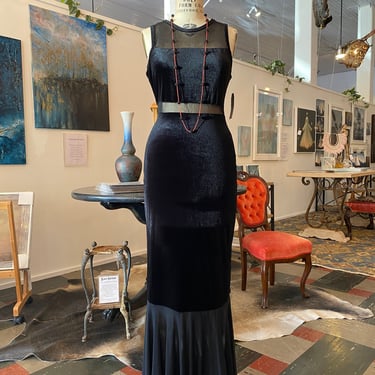1990s formal gown, black velvet dress, mermaid hem, sheer waist, hourglass maxi dress, size large, bandage, body con, nude illusion, wrapper 