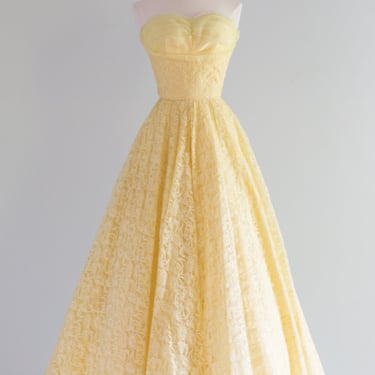 1950's Belle Of The Ball Strapless Yellow Lace Prom Dress / XXS