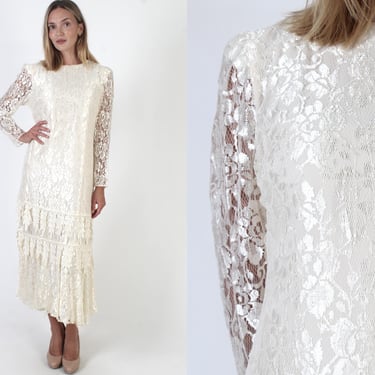 80s Deco Wedding Dress, Sheer Floral Lace Flapper Style, Ursula Brand Bridal Outfit, Cream Gatsby Inspired Costume 