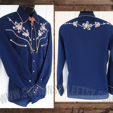 Kennington Western Vintage Men's Cowboy & Rodeo Shirt, Navy Blue Embroidered Varigated Floral Designs, Tag Size XLarge (see meas. photo) 