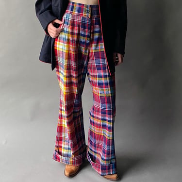 Vintage Plaid Wool Wide Leg Slacks / Vintage Plaid Wide Leg Pants / Red and Blue Plaid Wool Trousers / Wide Leg Vintage Trousers Small 