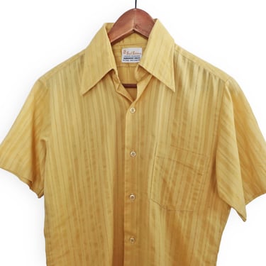 mustard striped shirt / 60s button up / 1960s mustard striped short sleeve button up shirt Medium 