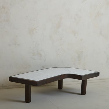Curved Wood Tripod Coffee Table with White Tile Top, France 1960s