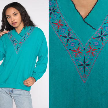 90s Teal Sweatshirt Geometric Necklace Print Scalloped Collar V Neck Pullover 80s Statement Jumper 1990s 1980s Vintage Medium 