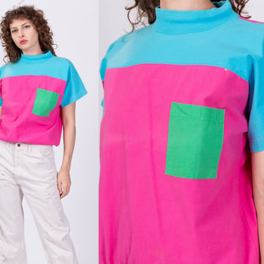 80s Color Block Pocket Top - Large | Vintage Short Sleeve Retro Cotton T Shirt 