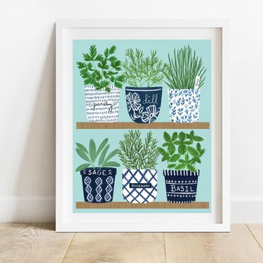 Indoor Herb Garden 8 X 10 Art Print/ Blue and White Potted Houseplants Kitchen Illustration/ Culinary Plants Wall Art/ Botanical Home Decor 