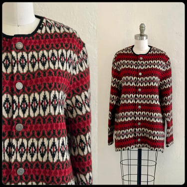 vintage Icelandic 60's red black lambs wool cardigan sweater 