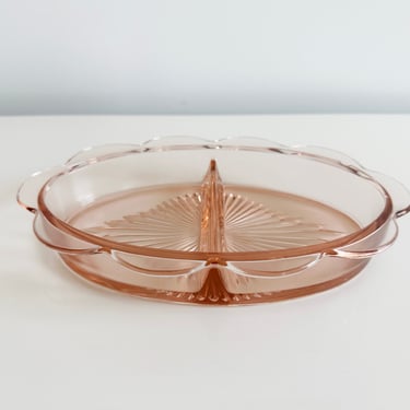 Pink Depression Glass Scalloped Edge Divided Dish Vintage 1930s 