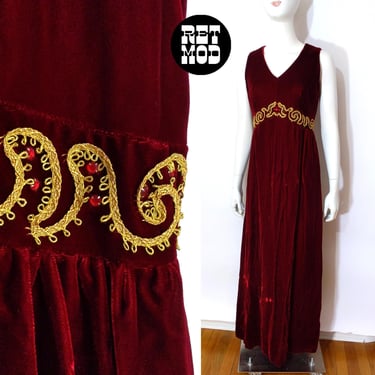 Beautiful Vintage 60s 70s Dark Red Velvet Sleeveless Maxi Dress with Gold Trim & Red Rhinestones 