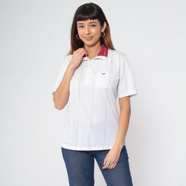White Striped Polo Shirt 80s Collared T-Shirt Embroidered Crest Quarter Button Up Short Sleeve Preppy Top Vintage 1980s Medium M 