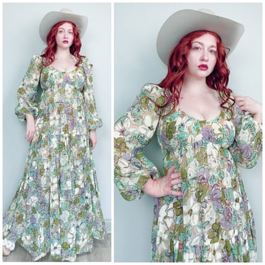 1970s Vintage Jack Kramer Green Floral Smocked Bust Dress / 70s / Seventies Cotton Tiered Prairie Dress / Size Small - Medium 