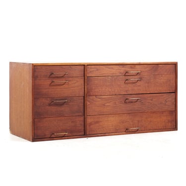 Jens Risom Wall Mounted Walnut and Brass Dresser with Fold Out Desk - mcm 