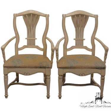Set of 2 DREXEL FURNITURE Antique White / Cream French Provincial Wheat Back Dining Arm Chairs 20051-65 