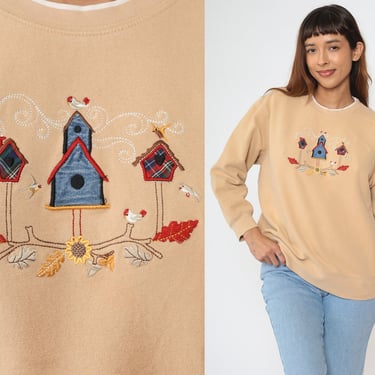 Birdhouse Sweatshirt 90s Bird Sweater Tan Autumn Flower Graphic Crewneck Kawaii Cute Grandma Beige Vintage 1990s Large L 
