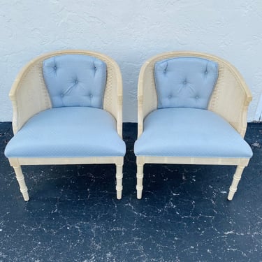 Set of 2 Vintage Barrel Chairs with Faux Bamboo, Rattan Cane Back and Blue Upholstery Fabric - Club Style Armchairs Coastal Furniture 