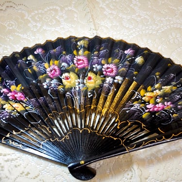 Antique Hand Fan Original Made in Spain Sticker Wood Ribs in Black with Black Silk Hand Painted Floral Design Gold Gilt Excellent Condition 
